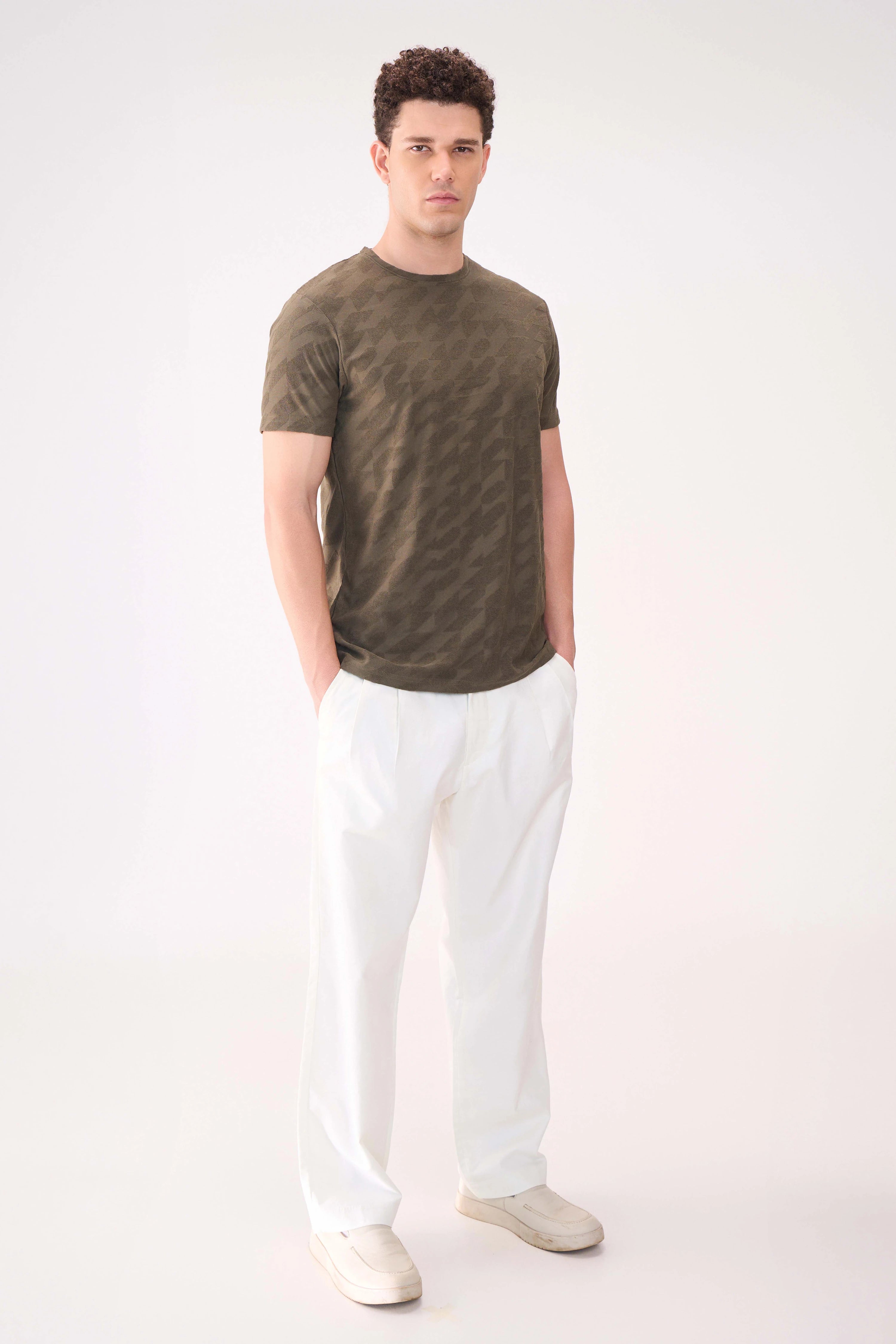 JACQUARD FLOCK PRINT OLIVE TSHIRT