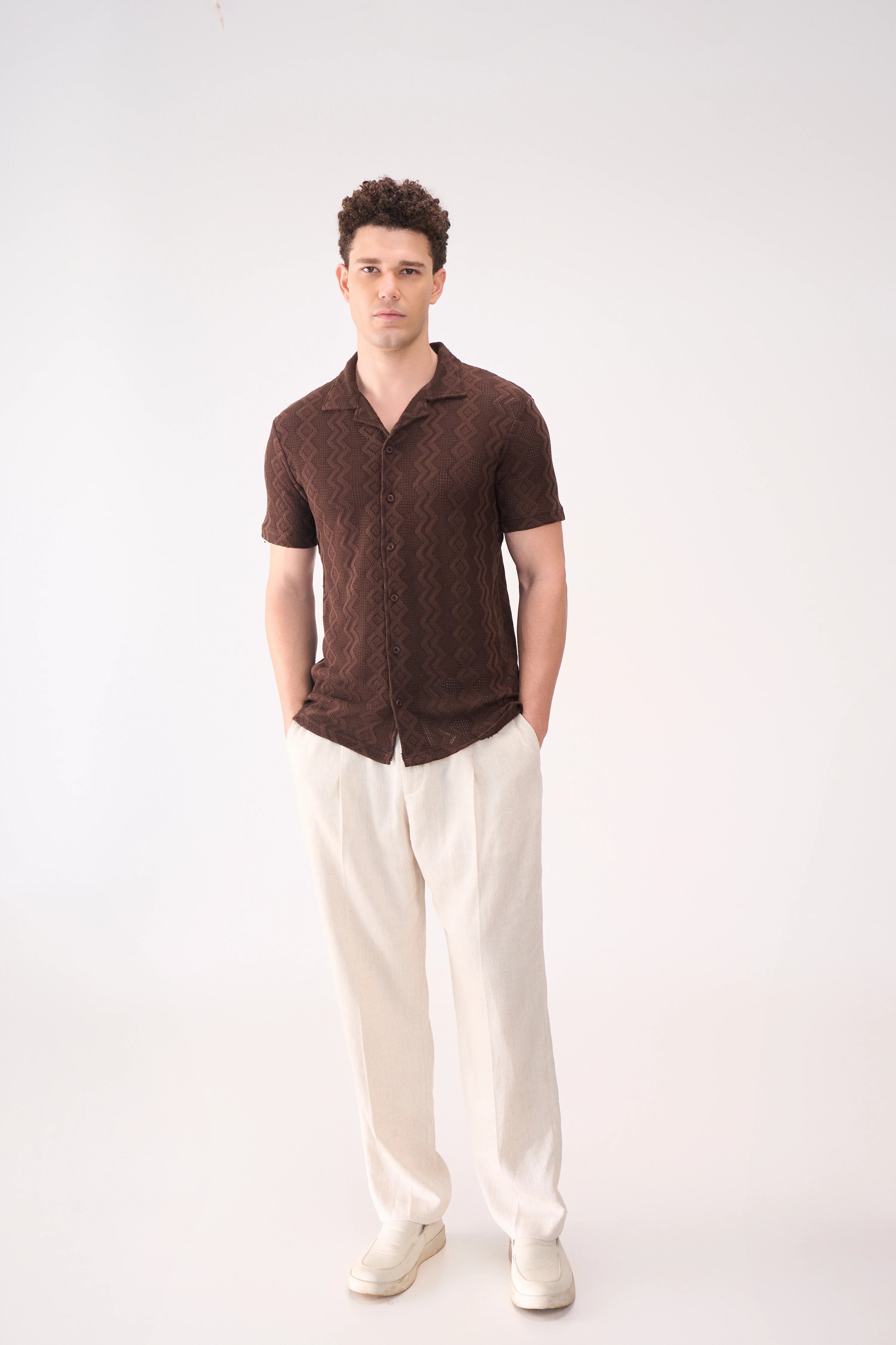 CROCHET TEXTURED BROWN SHIRT