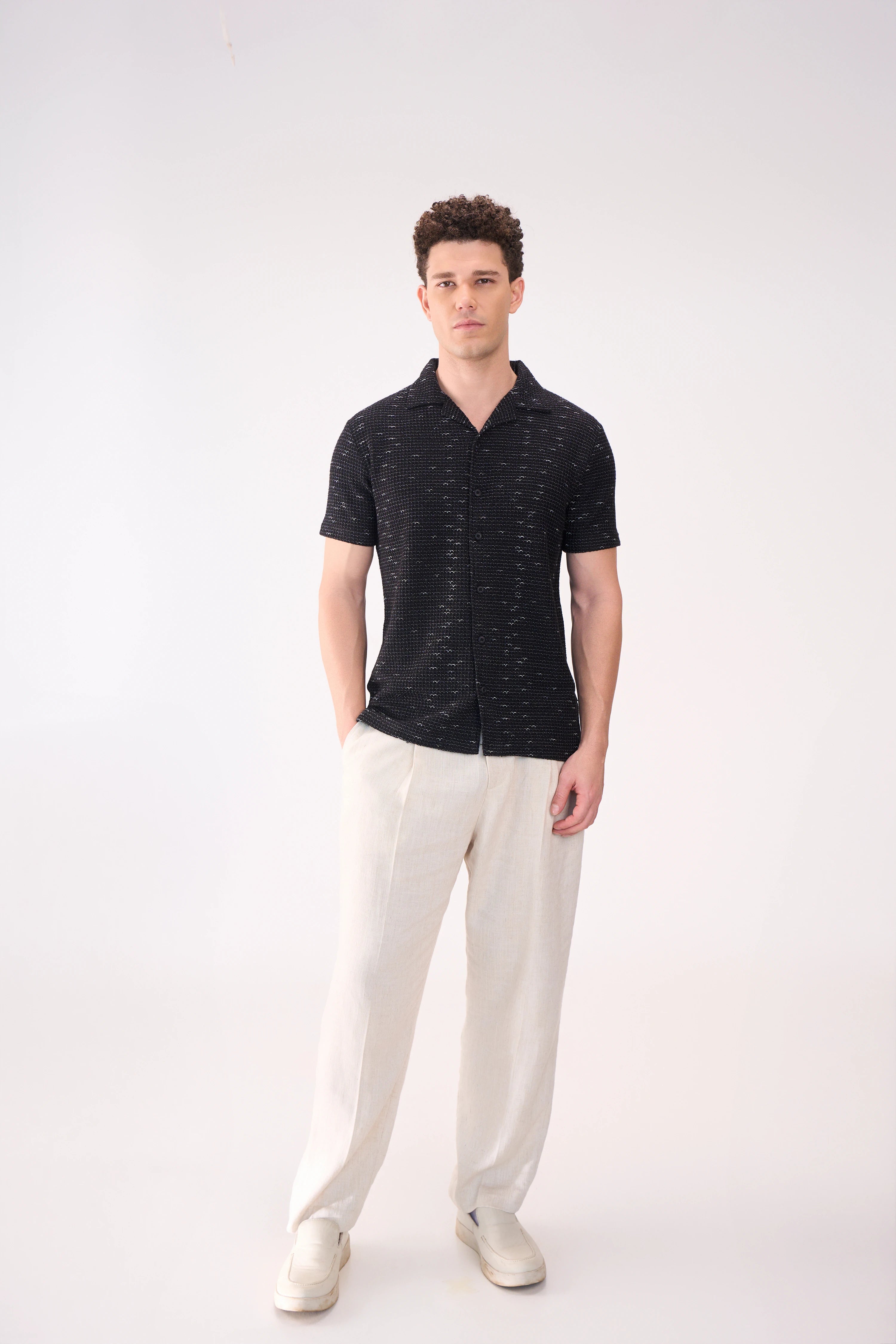 TEXTURED HALF SLEEVES BLACK SHIRT