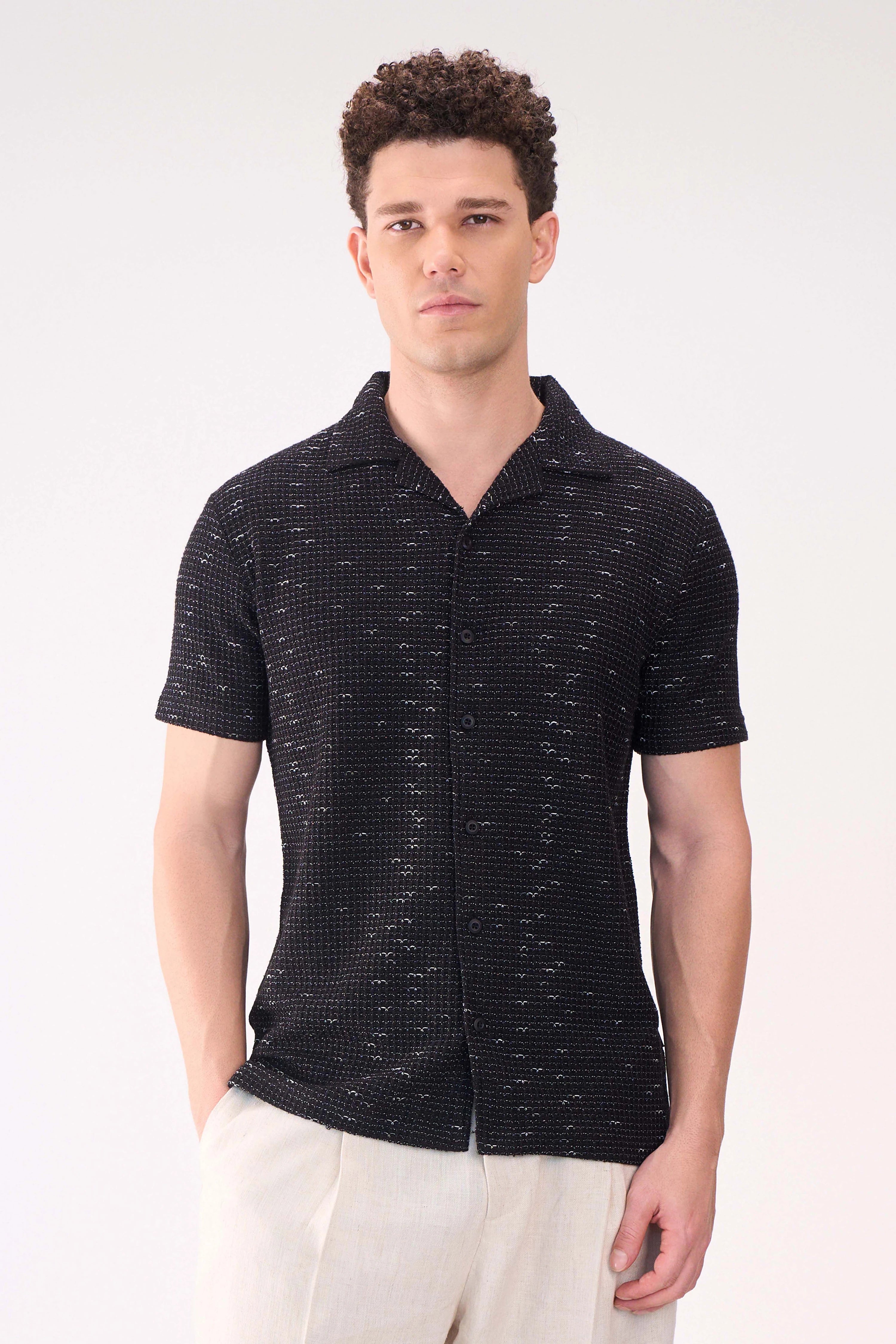 TEXTURED HALF SLEEVES BLACK SHIRT