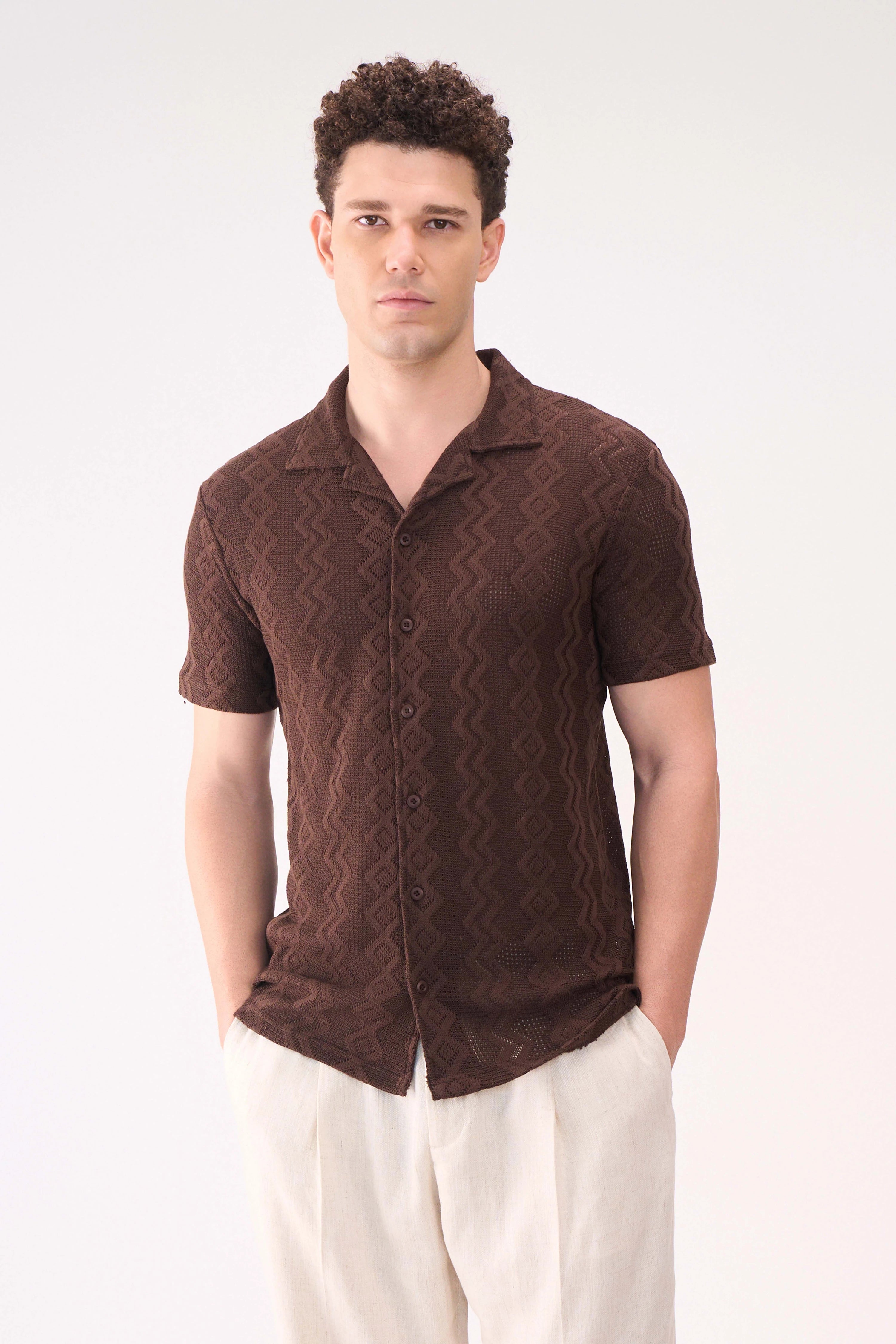 CROCHET TEXTURED BROWN SHIRT