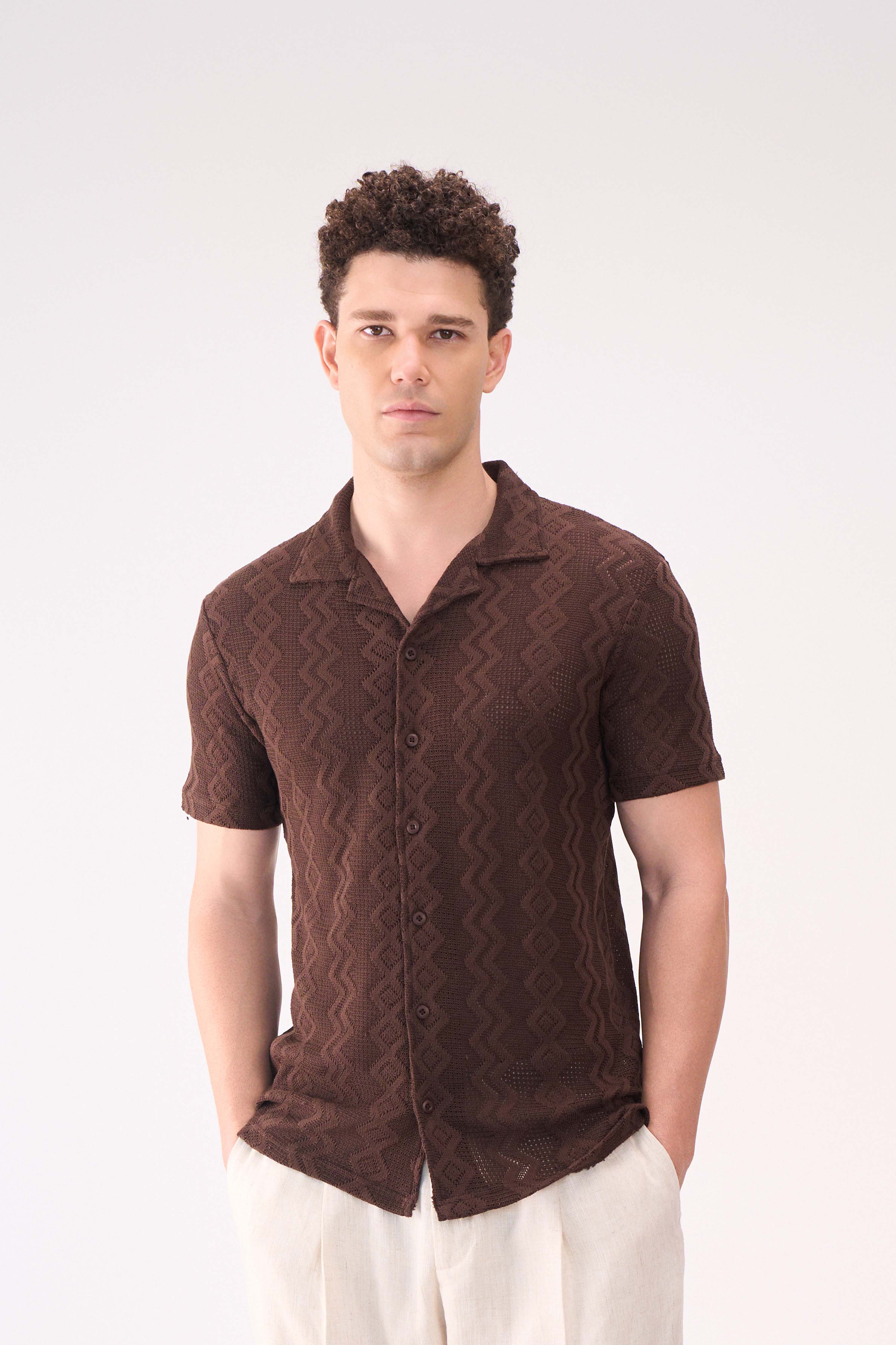 CROCHET TEXTURED BROWN SHIRT
