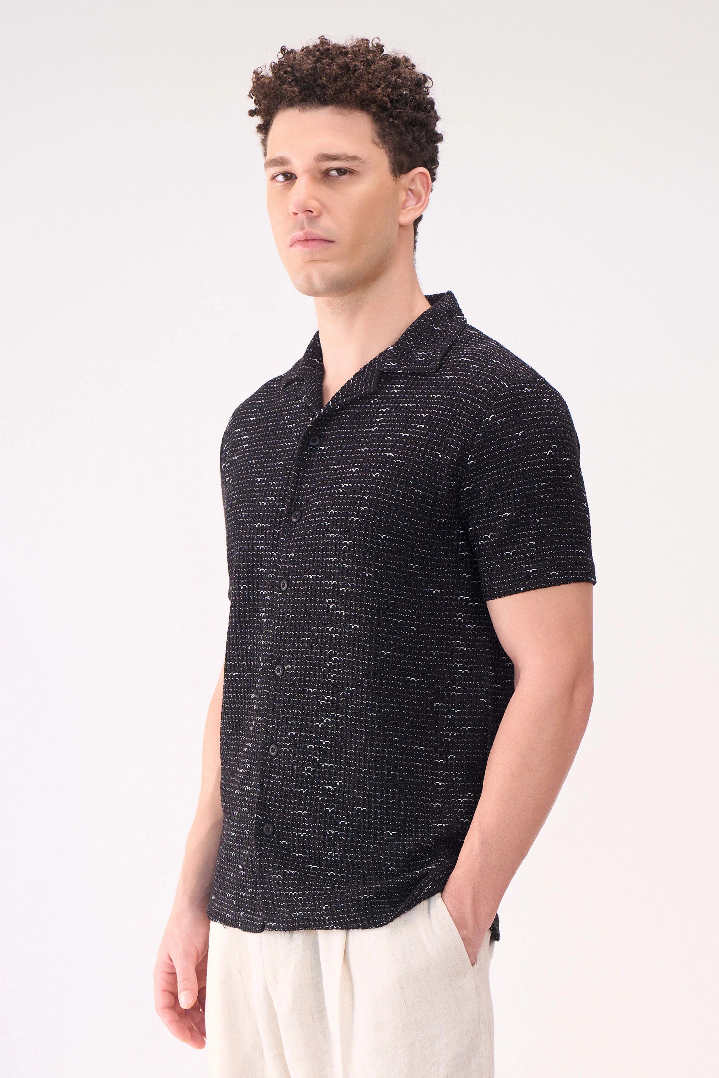TEXTURED HALF SLEEVES BLACK SHIRT