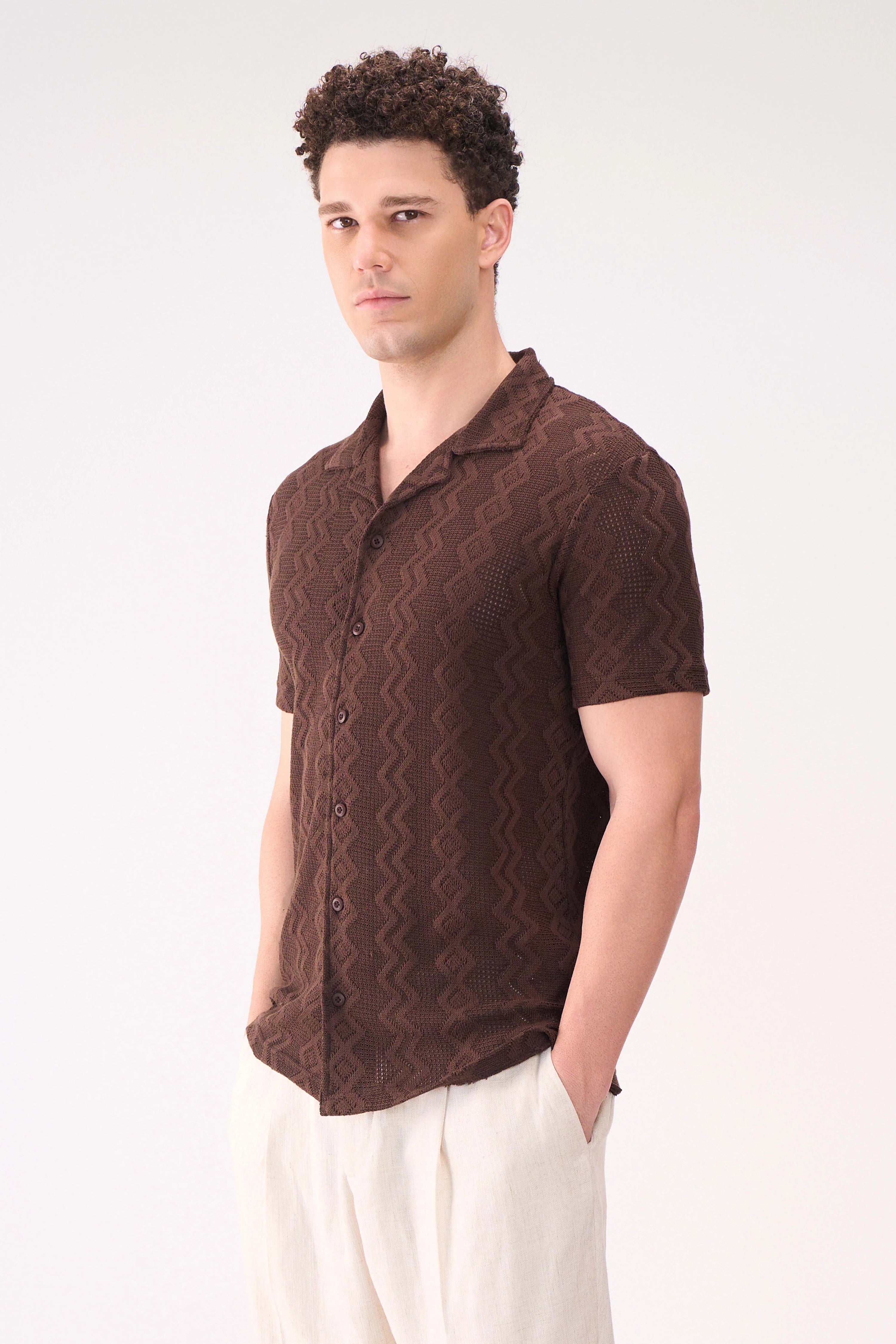 CROCHET TEXTURED BROWN SHIRT