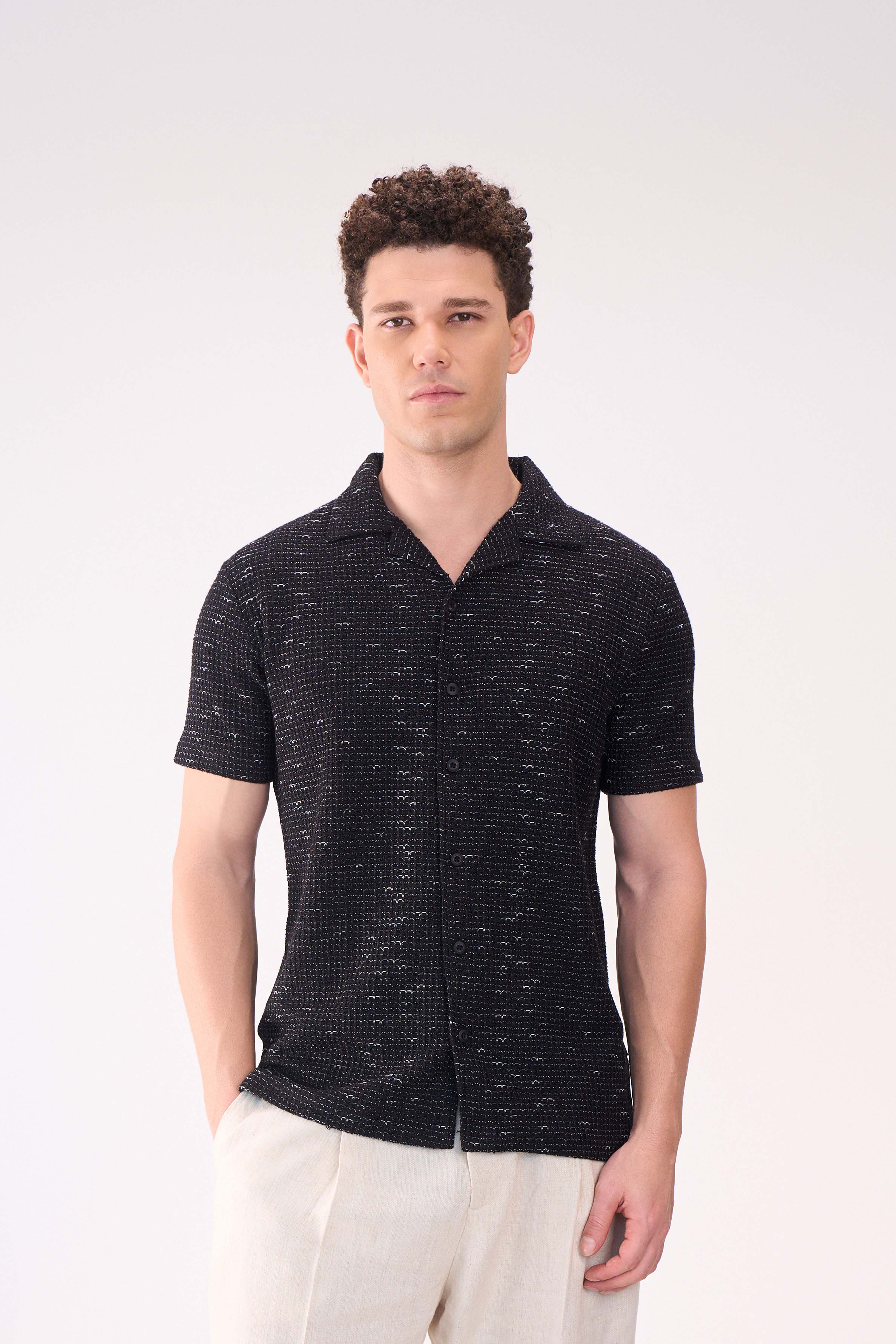 TEXTURED HALF SLEEVES BLACK SHIRT
