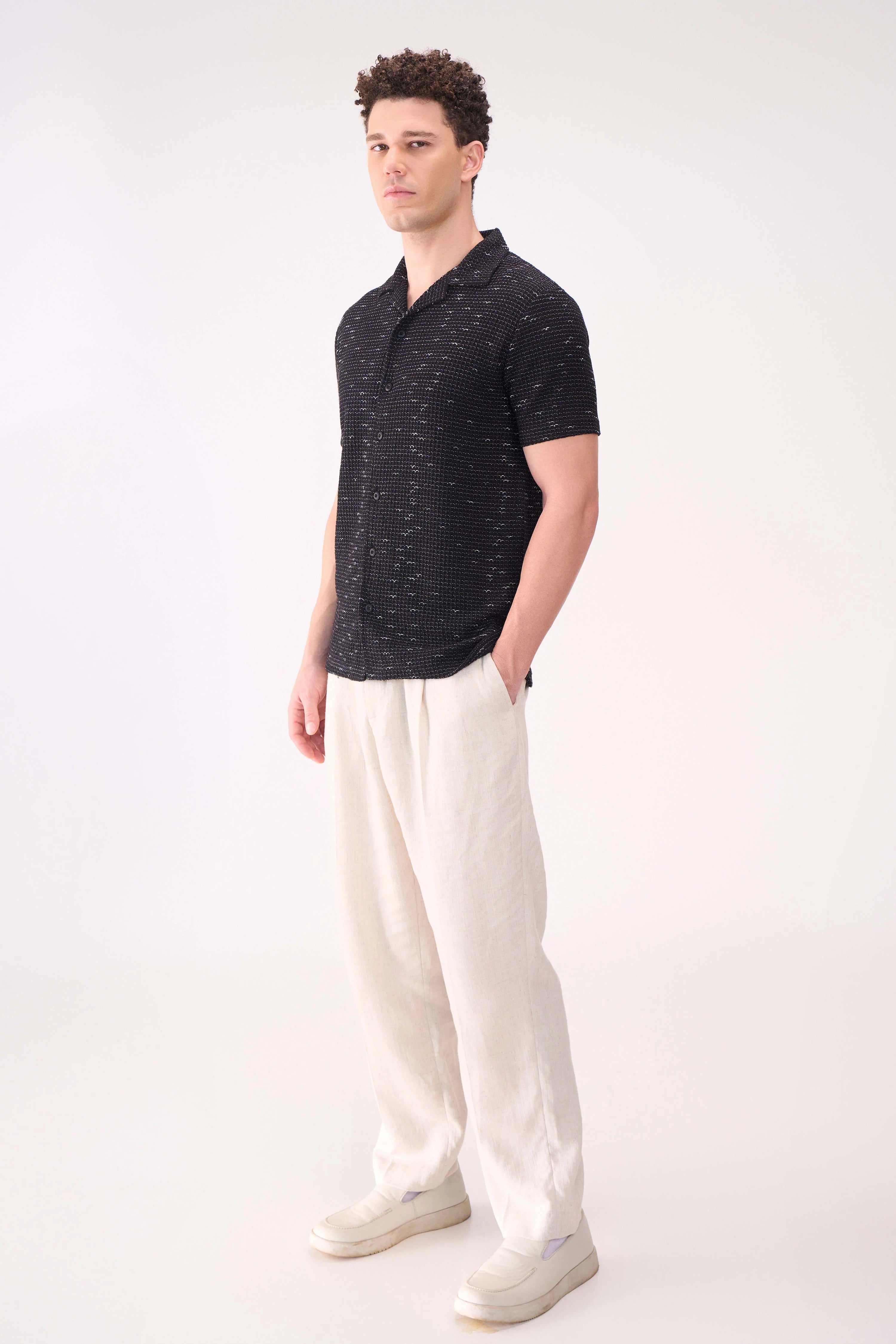 TEXTURED HALF SLEEVES BLACK SHIRT