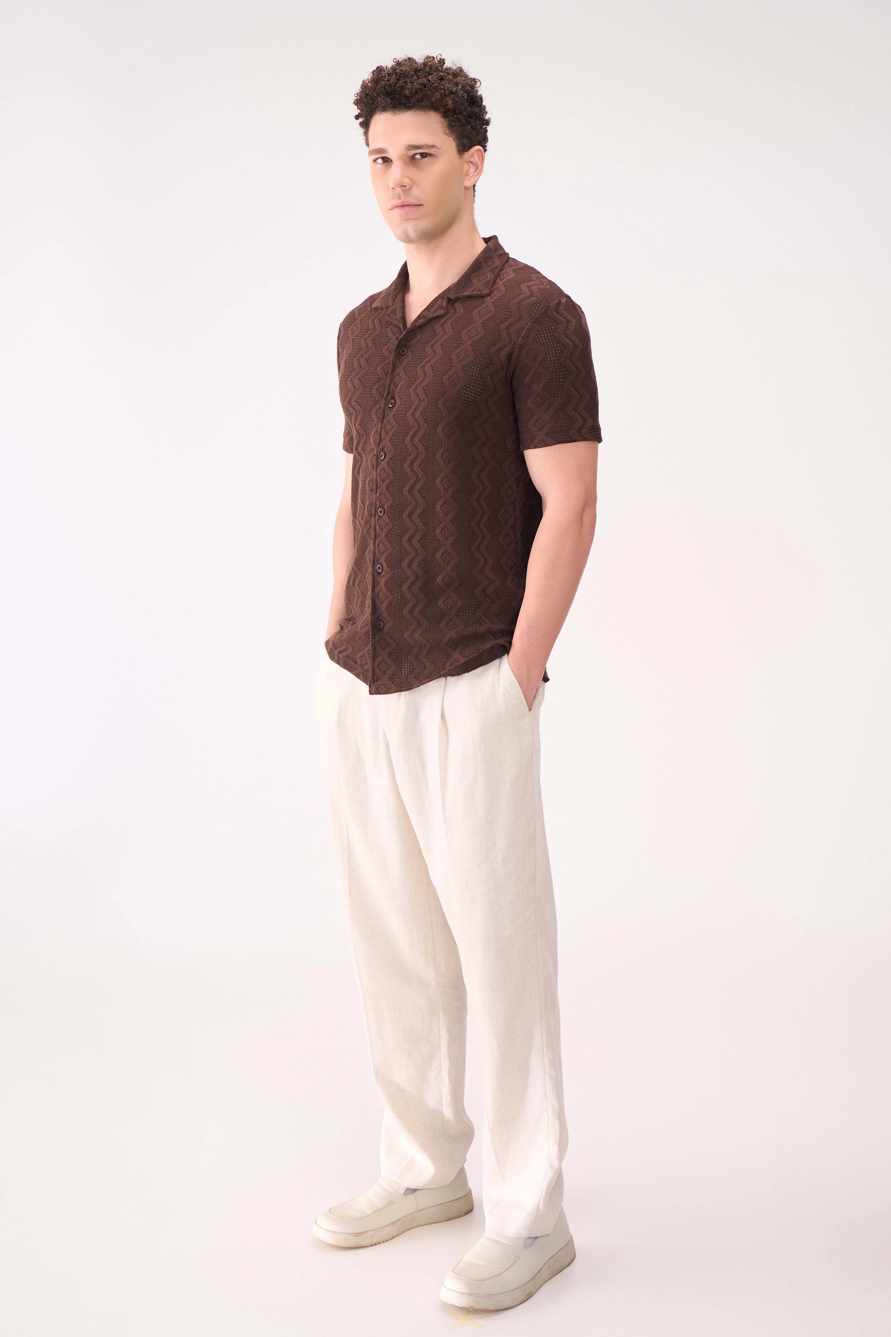 CROCHET TEXTURED BROWN SHIRT
