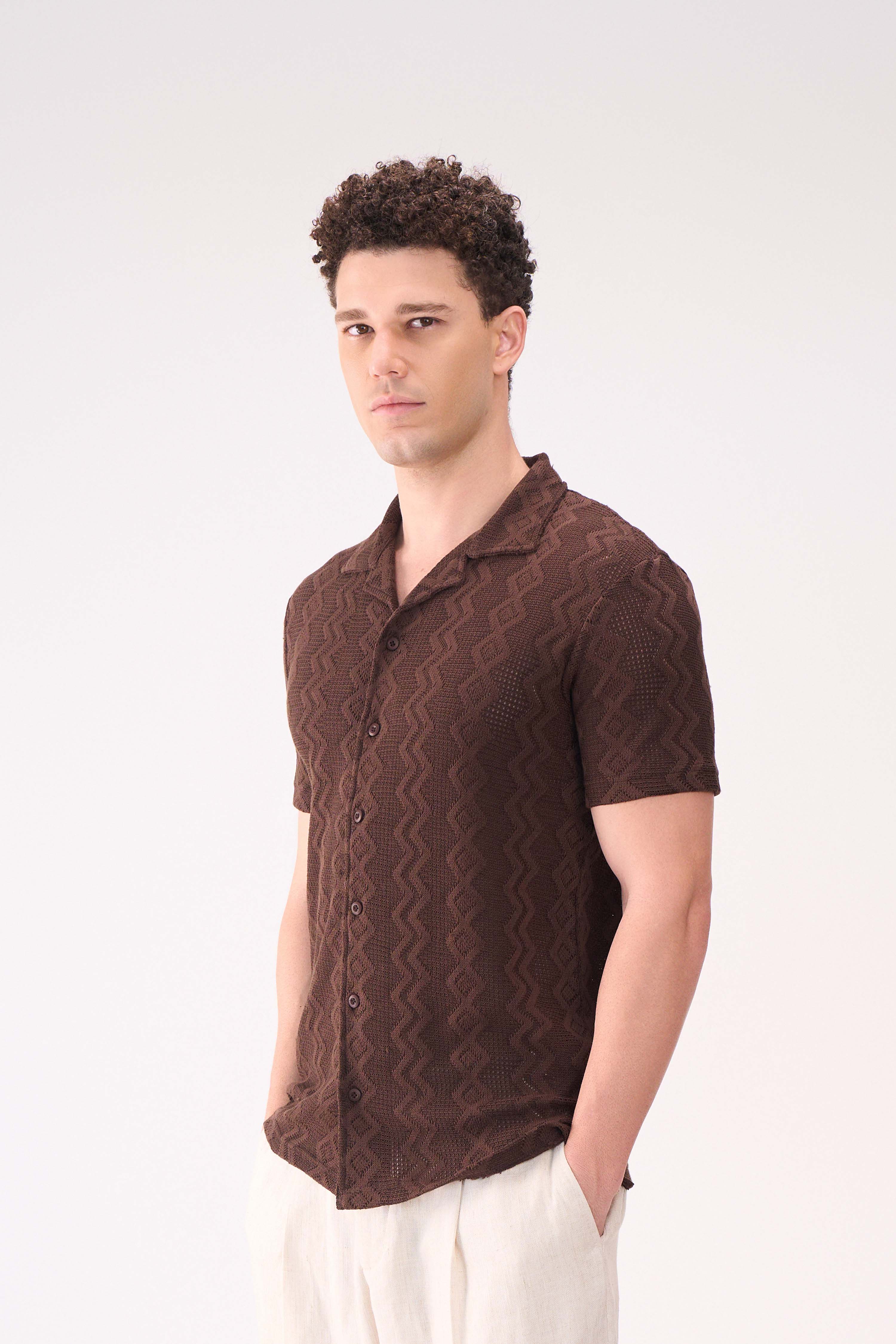 CROCHET TEXTURED BROWN SHIRT