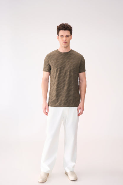 JACQUARD FLOCK PRINT OLIVE TSHIRT
