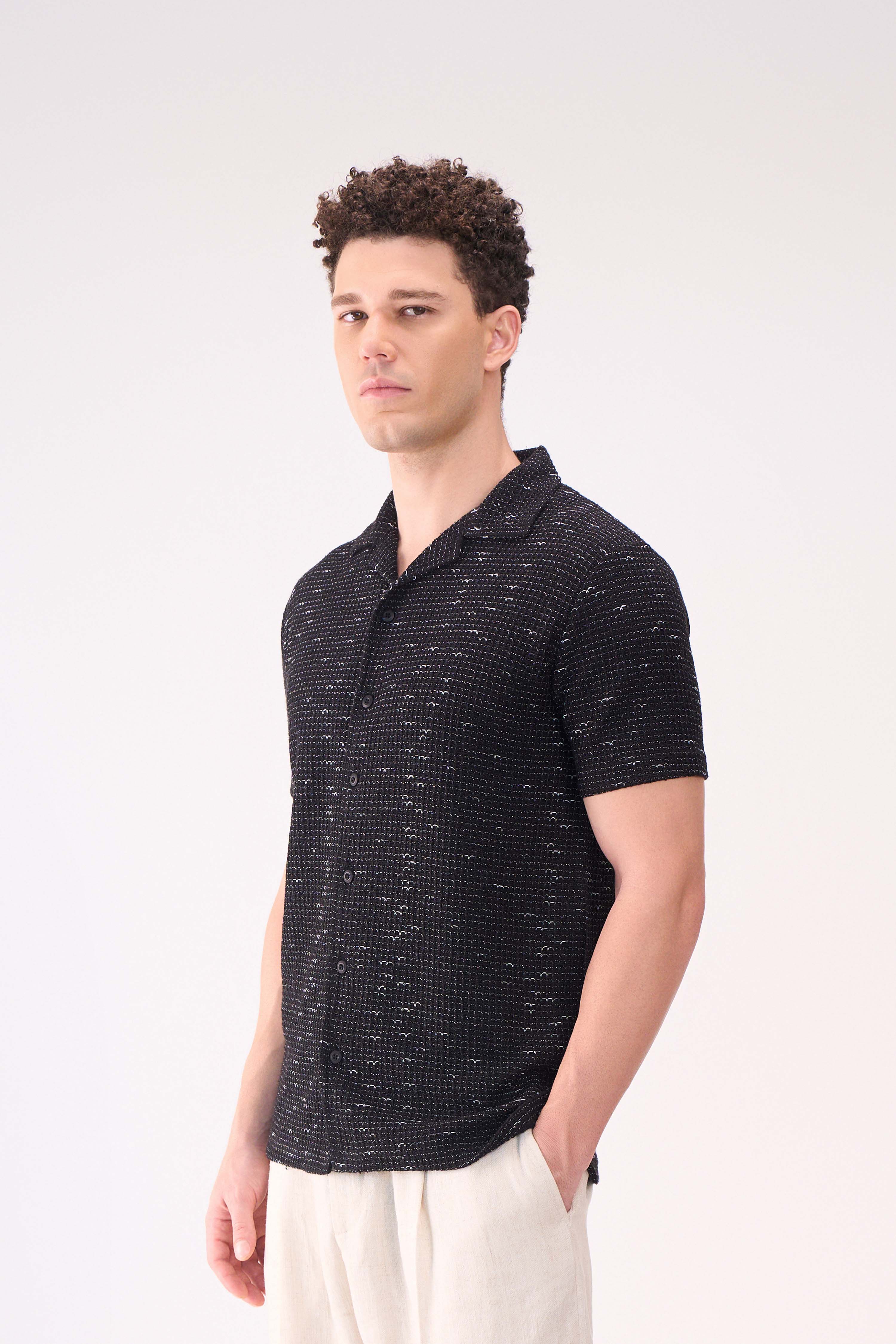 TEXTURED HALF SLEEVES BLACK SHIRT